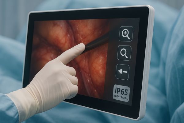 A gloved hand interacting with a seamless, cleanable touchscreen monitor
