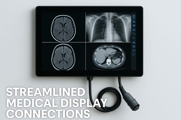 Medical monitor displaying CT and MRI scans connected via a single combo cable with text "Streamlined Medical Display Connections".