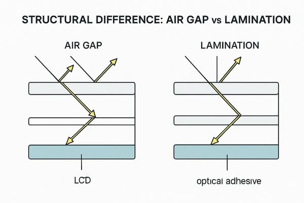 Diagram showing layers: LCD, air gap, cover glass (Traditional) vs. LCD bonded to cover glass (Laminated)