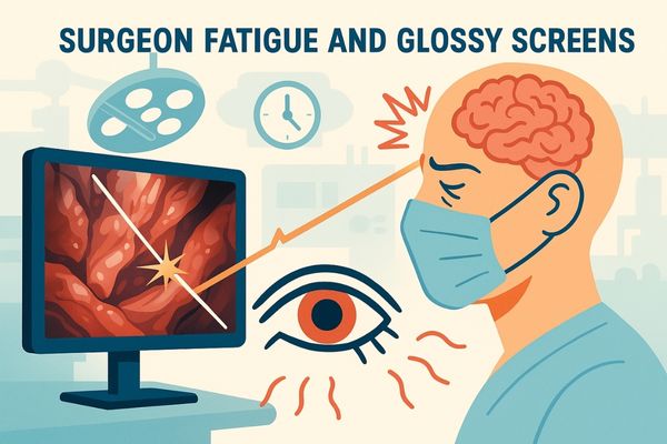 A graphic illustrating eye strain from a surgeon looking at a reflective glossy screen