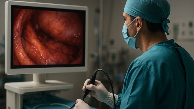 Surgeon performing endoscopy looking at a medical display