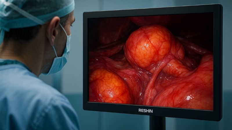 Surgeon viewing a detailed endoscopic image on a Reshin monitor