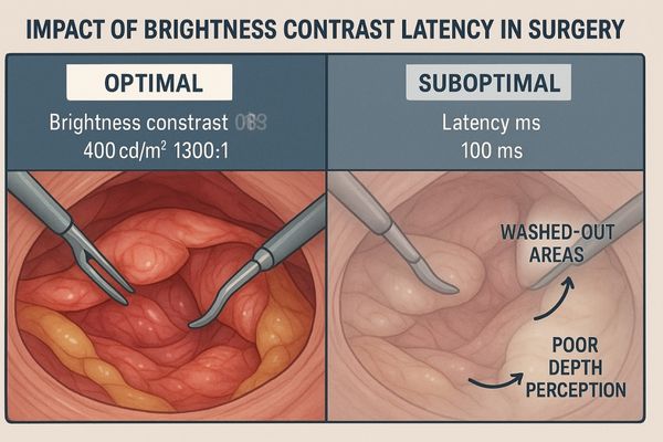 Surgeon's view of a surgical site with optimal vs suboptimal brightness and contrast