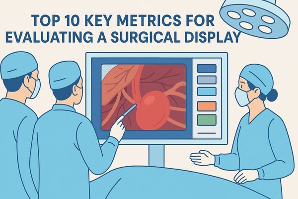 Surgical team evaluating a high-resolution medical display with endoscopic image in an operating room setting