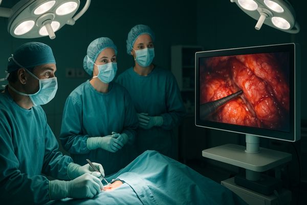 Surgical team viewing a display