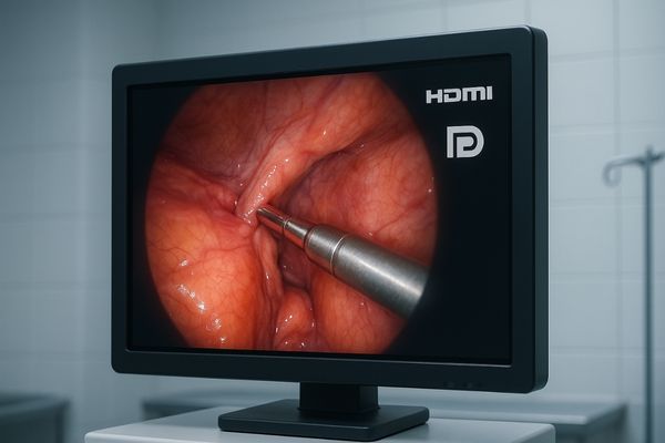 Surgical display showing a clear, real-time endoscopic image with interface icons nearby