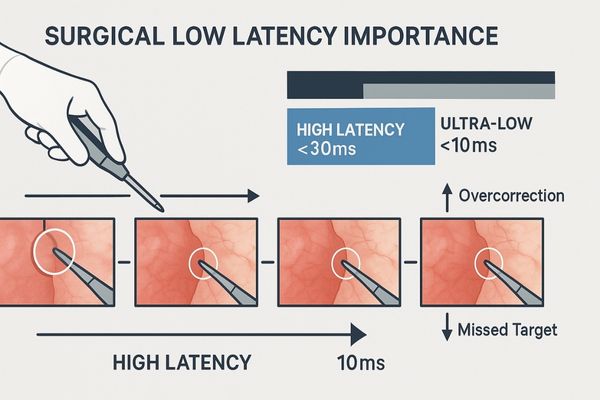 A diagram illustrating the delay between instrument movement and image update with high vs low latency