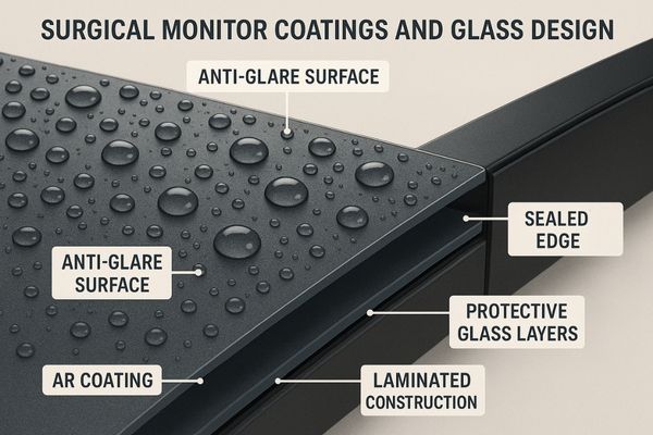 Close-up of a surgical monitor screen showing anti-glare coating and sealed design