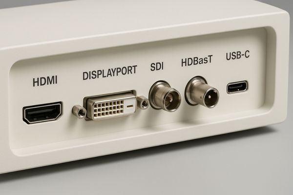 Image of a surgical monitor's back panel showing multiple input ports like HDMI, DisplayPort, SDI