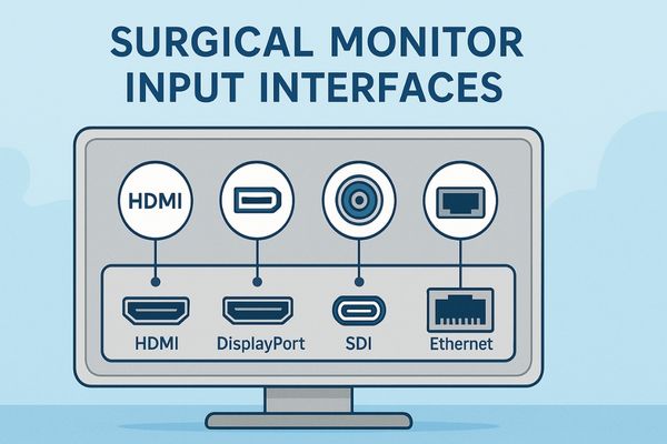 Rear panel of a surgical monitor showing input interfaces including HDMI, DisplayPort, SDI, and Ethernet