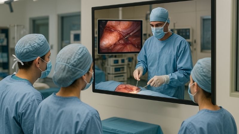 Surgical trainees observing a procedure on a 43-inch display in a teaching hospital