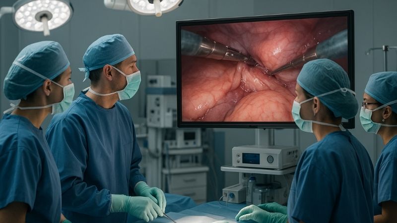 Surgical team collaborating around a 43-inch display in an OR