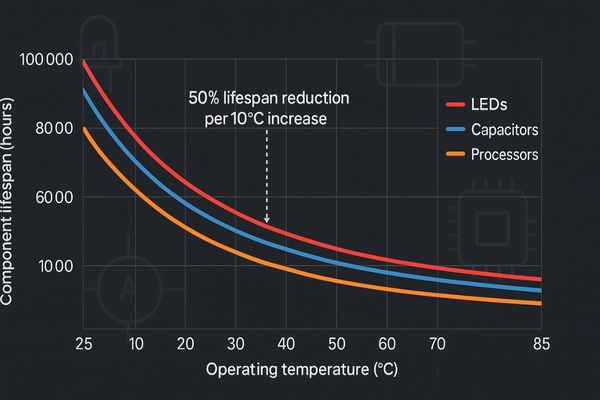 A graph showing component lifespan decreasing as operating temperature increases