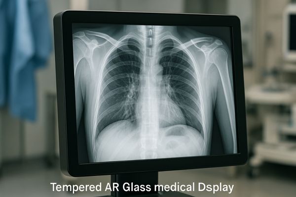Tempered anti-reflective glass on a medical display showing a clear image