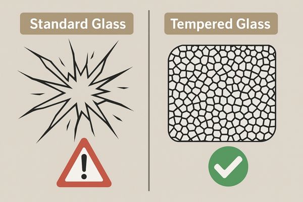 Illustration of tempered glass shattering into small, blunt pieces versus standard glass shards