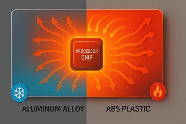 A diagram showing heat flow from an internal chip to a metal chassis versus being trapped in a plastic one