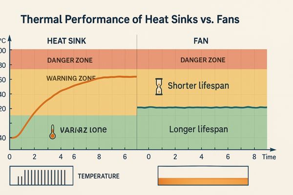 Side-by-side graphs showing temperature stability: one with a fan staying low, one with a heat sink slowly rising