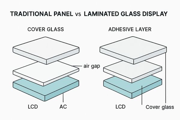 Comparison image: cross-section of traditional panel vs. fully laminated display