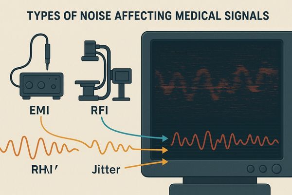 Illustration of EMI and RFI waves interfering with a medical display signal