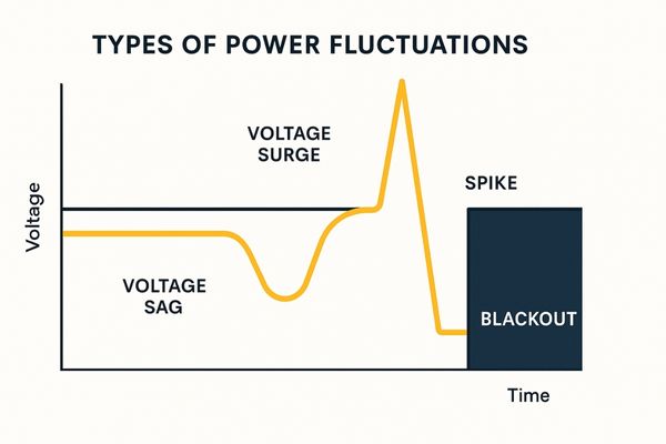 Graphic illustrating different types of power fluctuations like sags, surges, and spikes