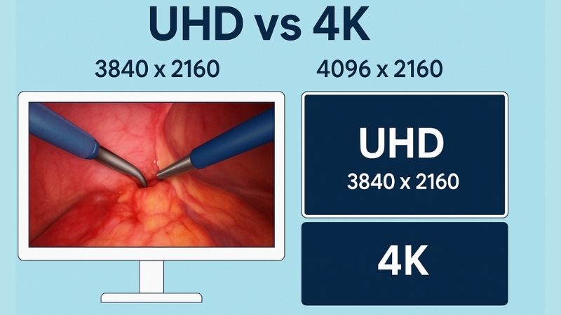 Comparison between UHD (3840x2160) and 4K (4096x2160) resolutions in surgical monitors, featuring a high-resolution surgical image and resolution diagrams.