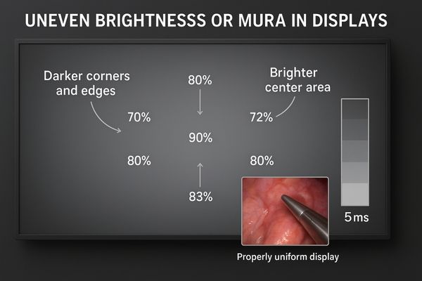 A diagnostic screen displaying a solid grey color, revealing darker patches and uneven brightness