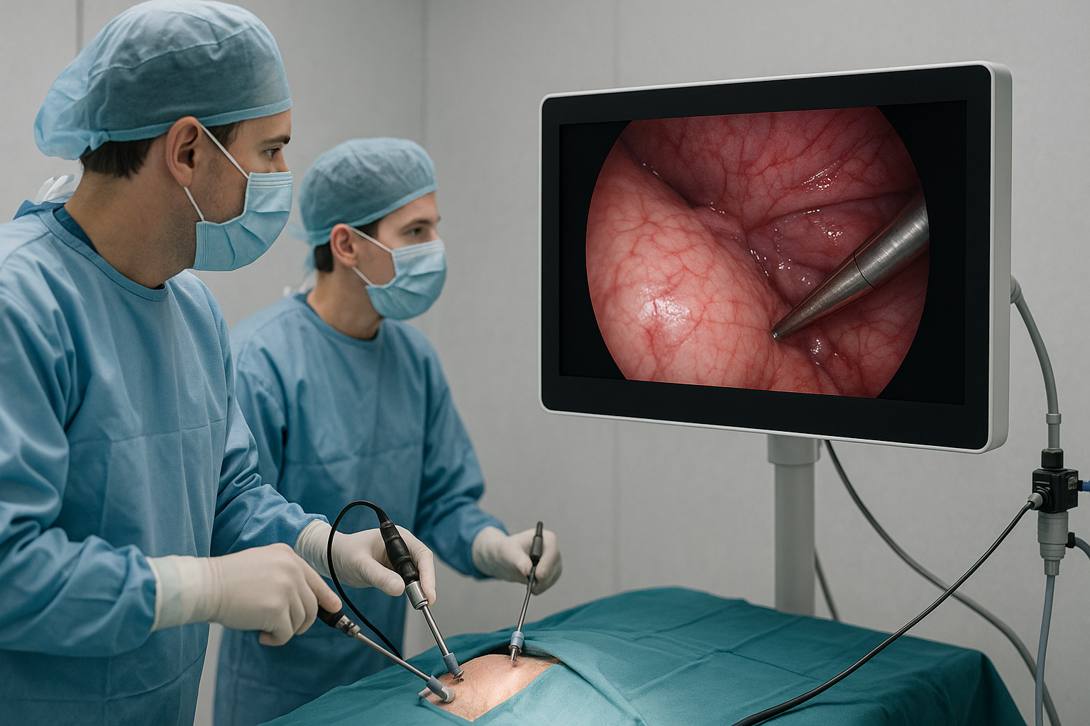 Veterinary surgeon performing laparoscopy with a monitor