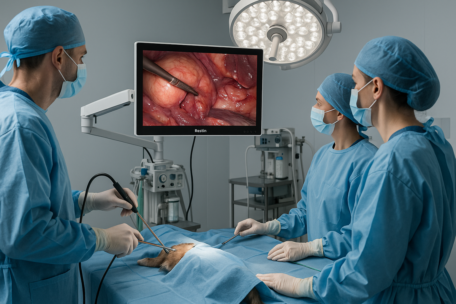 Surgical team viewing a Reshin monitor in a veterinary OR