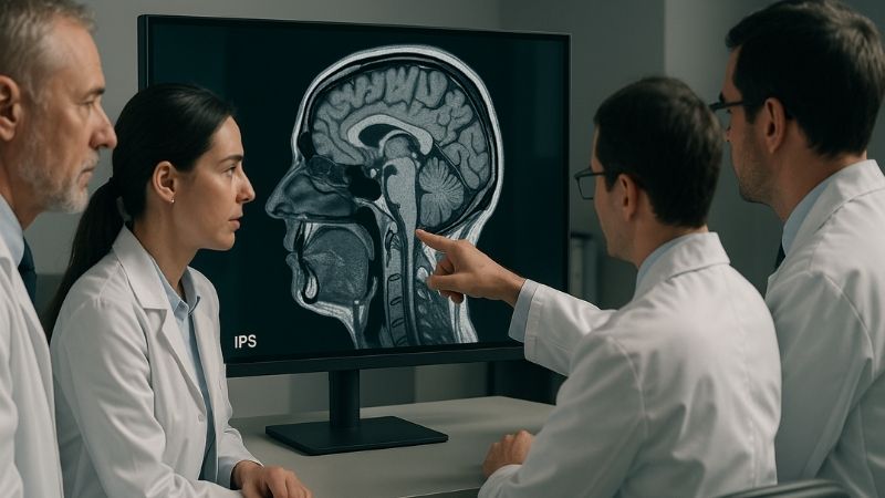 Radiologists collaborating around a wide viewing angle IPS monitor
