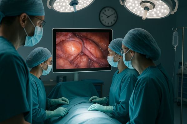 Surgical team comfortably viewing an anti-glare medical display in an OR