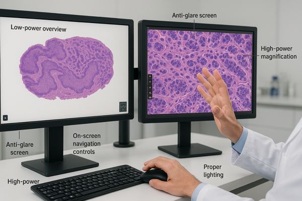 A pathologist at a workstation with a large dual-screen monitor for digital slide analysis