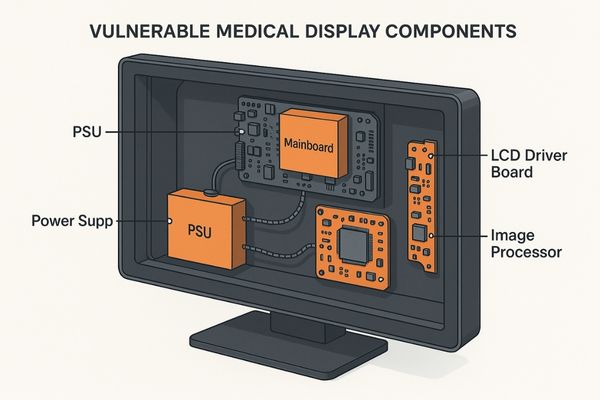 Diagram showing internal components of a medical display, highlighting PSU, mainboard, and LCD driver