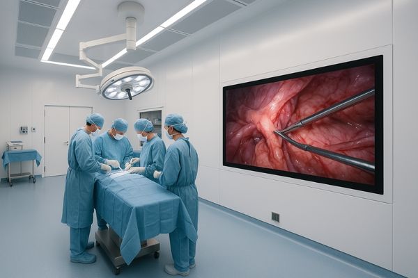 Wall-mounted surgical display in a modern clean room operating theater