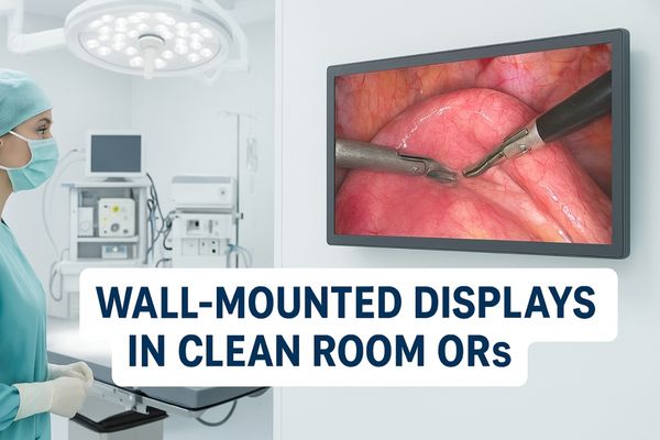 Surgeon observing a wall-mounted display showing laparoscopic surgery in a clean room operating theater