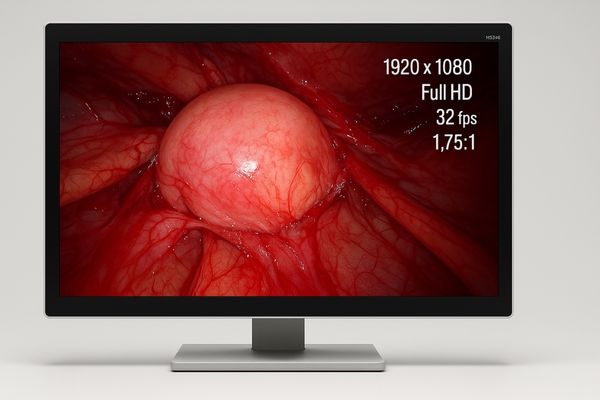 A close-up shot of a 24-inch monitor displaying an exceptionally sharp and detailed endoscopic image