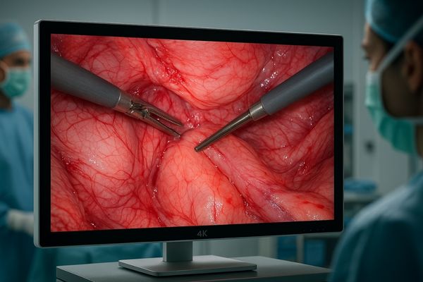 A 4K surgical monitor displaying a highly detailed endoscopic image