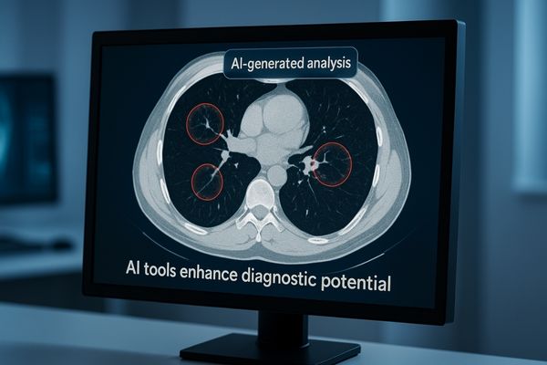 A medical display showing an AI algorithm highlighting a potential tumor on a CT scan
