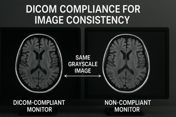 An image illustrating the same grayscale image on a DICOM-compliant monitor and a non-compliant monitor