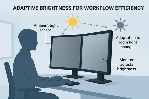 An image of a monitor with an ambient light sensor automatically adjusting the screen's brightness