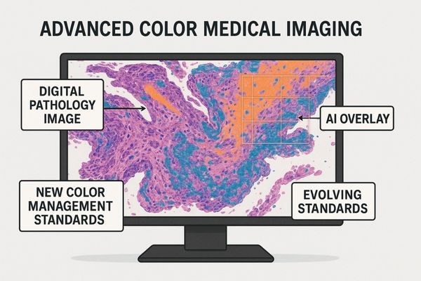 A complex digital pathology slide with multiple color stains shown on a high-resolution display