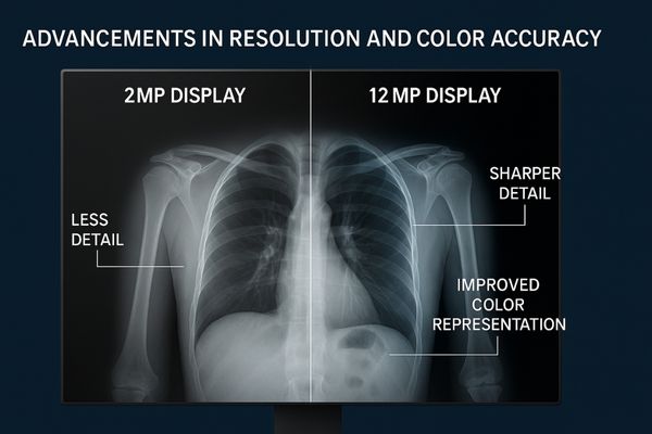 A split-screen image comparing a 2MP display to a 12MP display showing the same radiological image