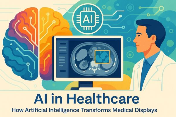 Illustration of artificial intelligence in healthcare showing a doctor analyzing medical imaging on a display with a brain-circuit graphic and AI microchip symbol.