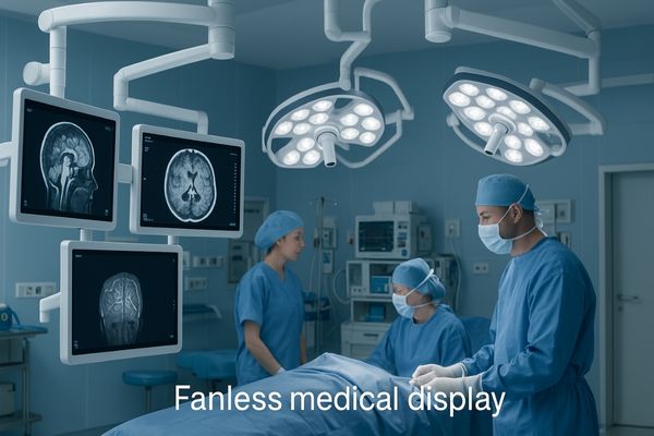 A sleek, modern operating room with integrated fanless displays on equipment booms