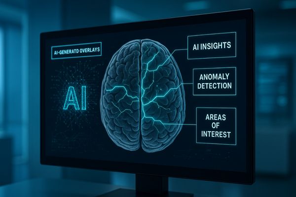 A futuristic display showing an AI overlay highlighting potential anomalies on a brain scan