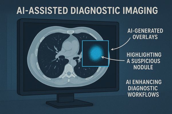 A medical display with an AI overlay highlighting a suspicious nodule on a CT scan