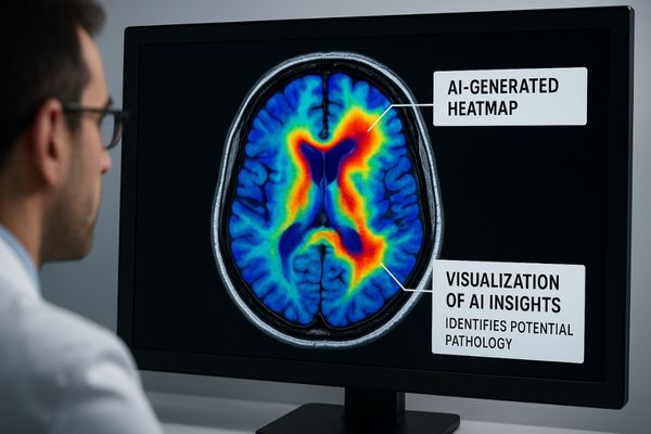 A medical display showing an AI-generated heatmap overlaid on a brain MRI