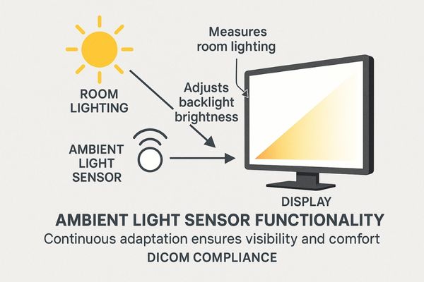 A diagram showing an ambient light sensor adjusting screen brightness