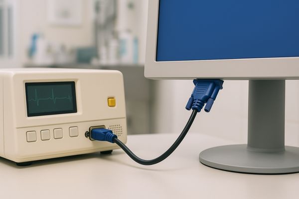 A legacy medical device connected to a modern display via a VGA cable