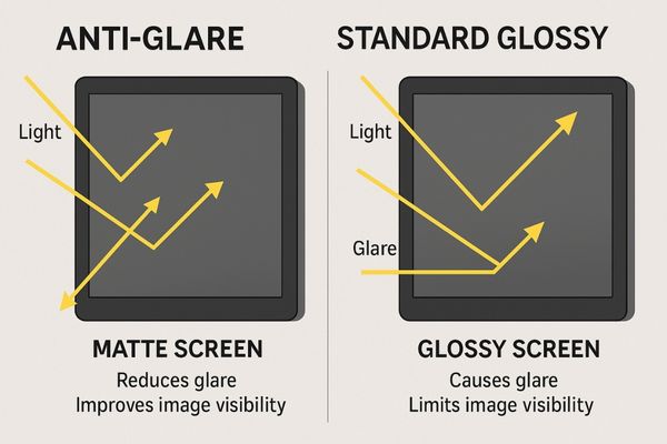 A graphic illustrating light reflecting off a glossy screen versus scattering off a matte one