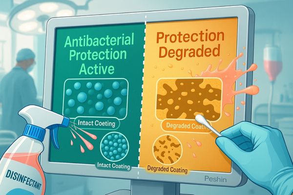 Digital illustration of antibacterial coating degradation on medical display, showing new intact surface on one side and worn, damaged coating on the other, with technician performing surface swab test in a bright medical environment